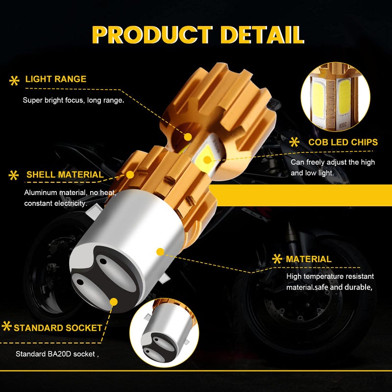 YM EBright YM E-Bright BA20D Motorcycle bulb Lamp 3 COB 18W LED Bulbs High Low Beam White Pack of 2 - Image 3